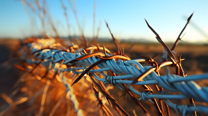 barbed rusty wire against the sky. freedom and slavery