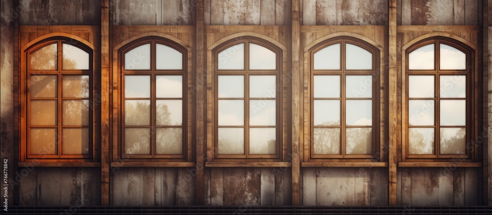 Poster several wooden-framed windows in close proximity, creating a neat row on a building facade