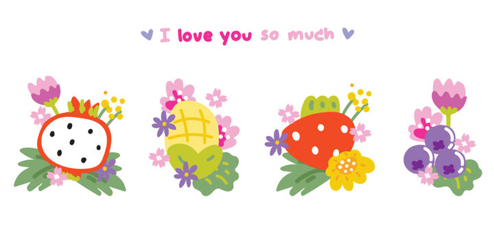 Set of cute various fruits with flower cartoon on white background.Fresh.Floral.Spring.Corn,strawberry,blueberry,dragon fruit hand drawn.Image for card,poster,sticker.Kawaii.Vecotr.Illustration.