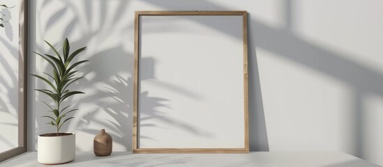 Art frame mockup with blank wooden frame in white room interior, with space for text.