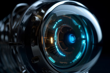 Fototapeta na wymiar Technology, sci-fi concept. Close-up view of futuristic bionic artificial eye. Tiny detailed system nano technology pattern. Dark minimalist background
