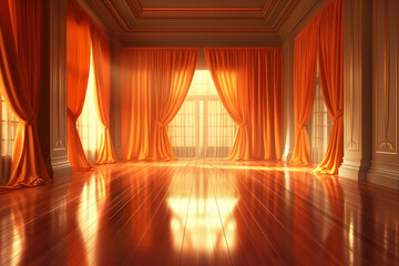 Elegant Ballroom with Golden Curtains and Windows