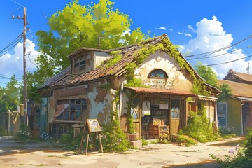 Abandoned cafe, anime style, art, wallpaper