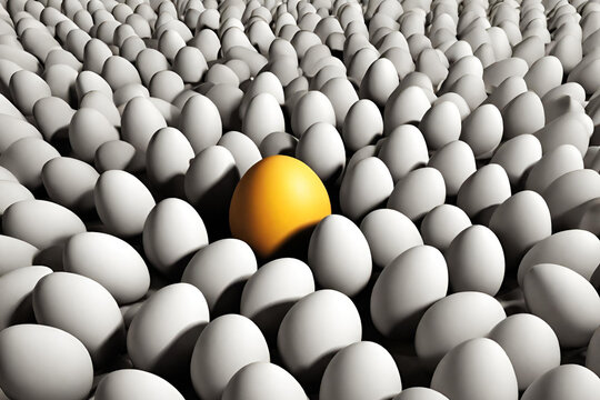 The head of a man rises from a crowd of eggs to make a surreal abstract concept. Can be used for depression loneliness sales business and marketing