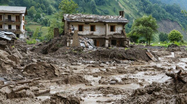 A closeup image of a collapsed house its walls caved in by the force of the landslide. The surrounding landscape is covered in thick layers of mud and rocks leaving no sign