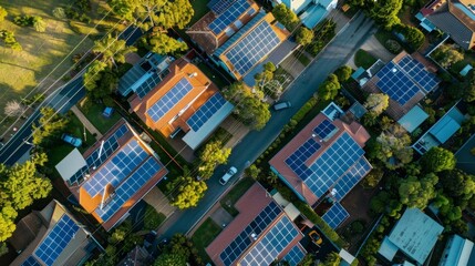 An aerial view of a neighborhood with solar panels with a caption highlighting the positive impact of government incentive programs . AI generation.