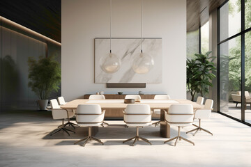 A high-definition capture of a contemporary meeting area with a sleek marble table, modern chairs, and a pristine white frame awaiting customization.