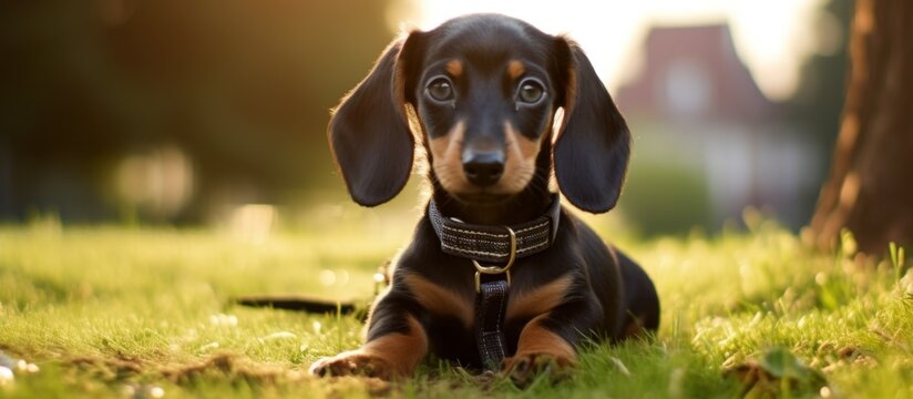 The Dachshund, a dog breed in the Sporting Group, is laying in the grass and gazing at the camera. Known for its long snout and liver coat, it is a terrestrial companion dog