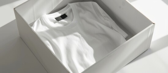 White blank t-shirt with black tag label mockup in a blank clothing box on a white background, showcasing a fashion branding scene from an isometric view.