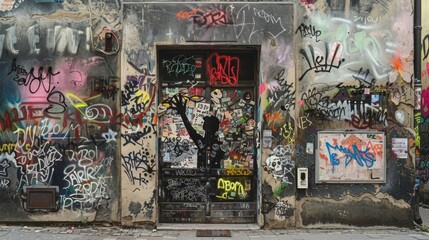 Street art adorning the entrance to a rundown building featuring a large intricate stencil of a rebellious figure throwing up peace signs against a chaotic backdrop of words