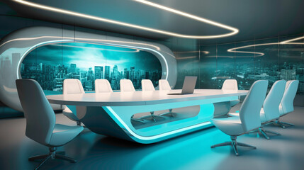 A futuristic meeting room in aqua and white, integrating seamless technology and artistic lighting.