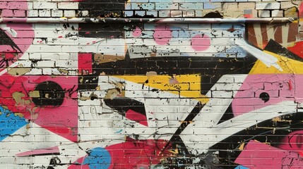 A detail shot of a graffiticovered wall showcasing the contrast between the bold abstract street art and the gridlike pattern of the brickwork underneath.