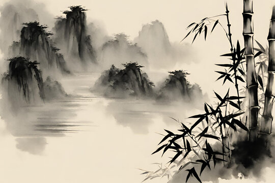 Chinese art Bamboo ink painting in black grey and cream colors