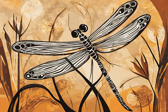 Aboriginal art vector painting with dragonfly. Illustration based on aboriginal style of landscape background
