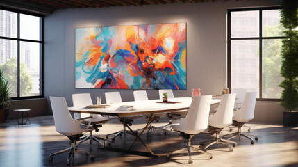 A fusion of artistry and functionality in a modern meeting room featuring abstract artwork, innovative seating options, and smart technology integrated throughout the space, optimizing productivity.