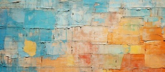 A detailed view of a colorful painted wall with patches of peeling paint, showcasing a blend of bright hues and weathered textures