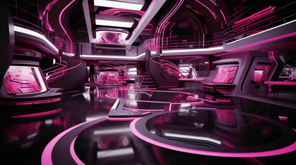 A dynamic space in magenta and black, featuring futuristic design and interactive technology.