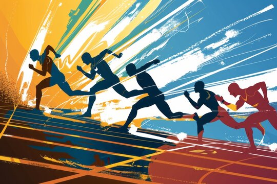A dynamic depiction of the track and field events at the sports festival, with athletes sprinting, hurdling, and pole vaulting with grace and determination, Generative AI