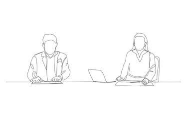 One line 70Continuous one line drawing of male and female news announcer, news broadcast concept, single line art.