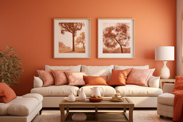 A cozy yet vibrant living room in warm terracotta shades, showcasing a blank white frame amidst comfortable seating and cozy ambiance.
