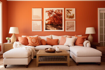 A cozy yet vibrant living room in warm terracotta shades, showcasing a blank white frame amidst comfortable seating and cozy ambiance.
