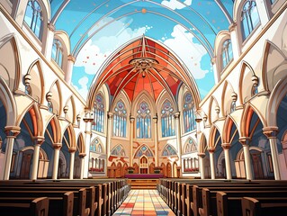 A church with a red roof and stained glass windows - obrazy, fototapety, plakaty