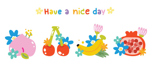 Set of cute various fruits with flower cartoon on white background.Fresh.Floral.Spring.Peach,cherry,banana,pomegranate hand drawn.Image for card,poster,sticker.Kawaii.Vecotr.Illustration.