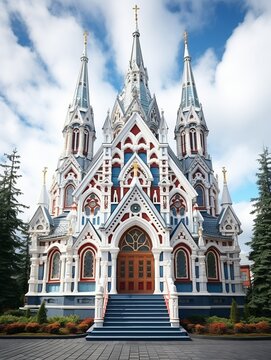 A large, ornate church with a blue and white facade