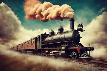 Unusually colored surreal fantasy image with vintage steam locomotive flying against dramatic sky - obrazy, fototapety, plakaty