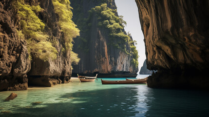 Longtail boats in the sea at Phi Phi island, Thailand.