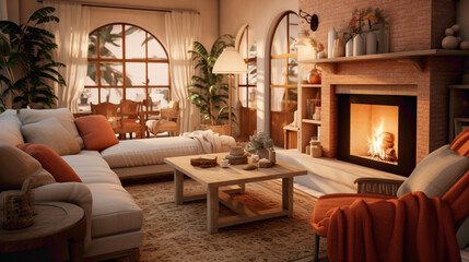 Fototapeta na wymiar A cozy room with terracotta and cream tones, a fireplace, and comfortable seating arrangements.