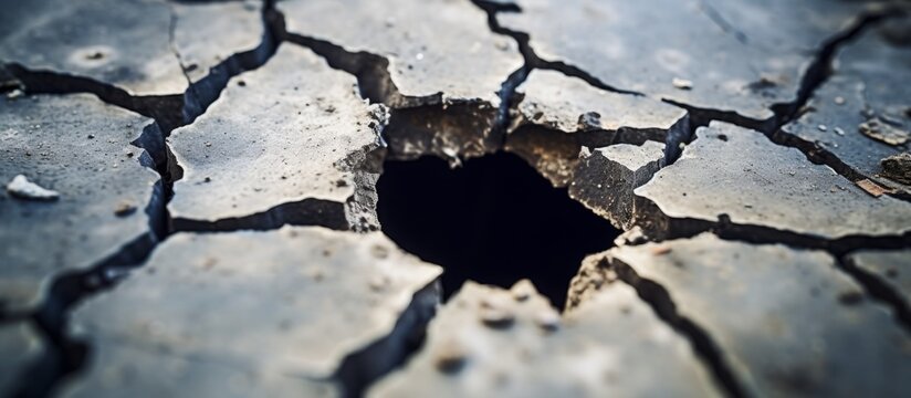 A detailed shot of a cracked concrete surface with a gaping hole in the center, showcasing a unique pattern under the light and shadow
