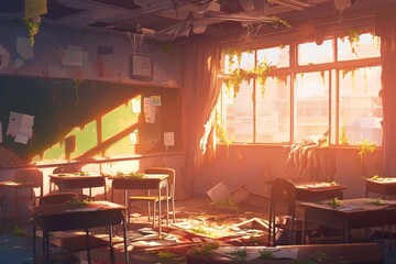 Abandoned school classroom, anime wallpaper - obrazy, fototapety, plakaty