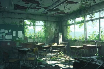 Abandoned school classroom, anime wallpaper - obrazy, fototapety, plakaty