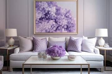 A cozy living area in vibrant lavender hues, accentuating an empty white frame amidst plush seating and soft, inviting textures.