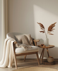 Wooden Armchair with Blanket, Side Table Mockup. Modern Living Room Design, Cozy & Elegant.