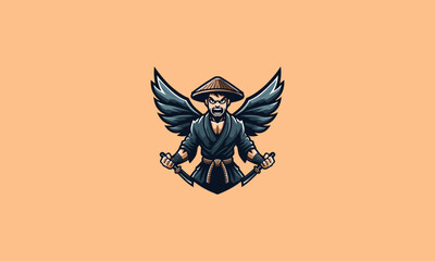 character old man wearing hat with wings angry vector logo design - obrazy, fototapety, plakaty