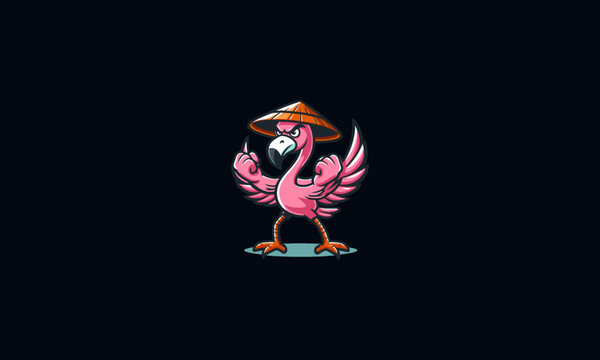 flamingo karate with hat vector mascot design