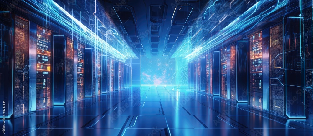 Poster a series of servers in a data center are aligned in perfect symmetry under electric blue lights casc