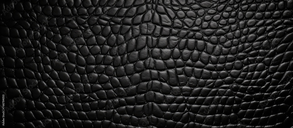 Poster a detailed view capturing the intricate pattern on a black leather surface, showcasing its texture a