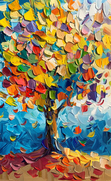 Abstract oil painting of a tree with colorful leaves
