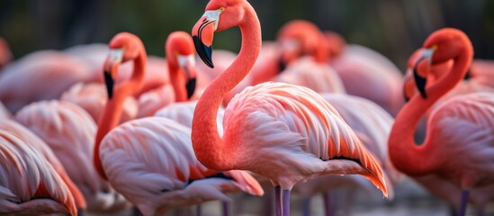 A row of Greater Flamingos, elegant water birds with long necks and vibrant pink feathers, stand together in a natural landscape by the water - obrazy, fototapety, plakaty