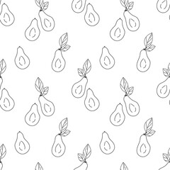 Black and white avocado cut with leaves,seamless geometric pattern.Hand drawn doodle style. Design for printing on fabrics,holiday and confectionery packaging,wallpaper,packaging and scrap metal