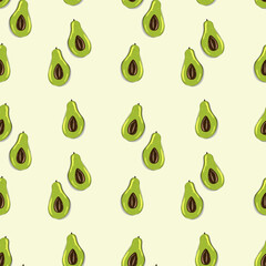 Ripe, juicy avocado cut with leaves, seamless geometric pattern. Avocado with shadow. Hand drawn doodle style. Design for printing on fabrics, holiday and confectionery packaging, wallpaper, packaging