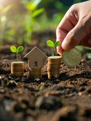 Hand holding house model and coins stack with green plant growth on ground, real estate concept, A hand is reaching out to touch the wooden home model placed next to three stacks of gold coin standing