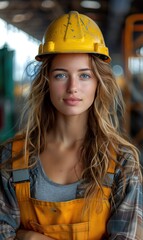 portrait of a girl foreman architect in a hard hat close-up