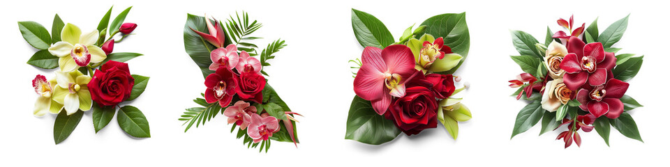 Set of red rose and tropical orchid flowers with green leaves floral arrangement, isolated on transparent background