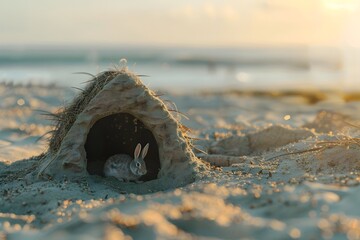 Cozy Rabbit Burrow Nestled in the Serene Beach Sand - obrazy, fototapety, plakaty