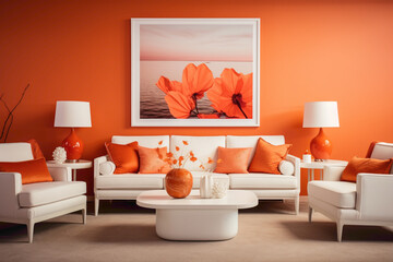 A cozy and vibrant living area in sunset orange tones, accentuating an empty white frame amidst comfortable seating and a cheerful ambiance.