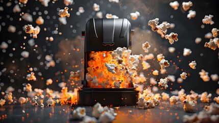 Damaged Popcorn Maker Regenerating on Isolated Black Background in Cinematic Photographic Style